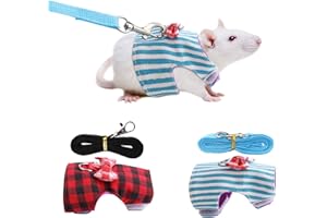 LECXIN Hamster Harness and Traction Rope, 2 Pieces Small Pet Harness with Bowknot Decor Small Animal Outdoor Walking Traction Rope Vest for Ferret, Guinea Pig, Iguana, Rabbit Red Grid + Blue Stripes(XS)