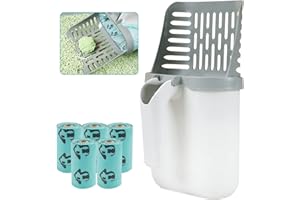 MIFXIN Cat Litter Scoop - Large Capacity Integrated Detachable Deep Cat Litter Shovel with 75 Bags, Portable Litter Shovel with Poop Sifting, Cat Litter Scoop with Holder (Light gray)
