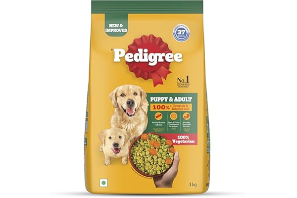Pedigree Adult & Puppy Dry Dog Food, 100% Vegetarian, 1 kg, Contains 37 Essential Nutrients, 100% Complete & Balanced Food for Adult Dogs