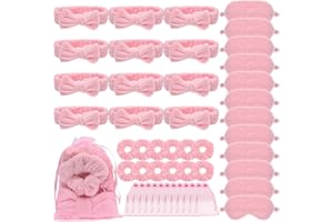KAXTDE 48 Pieces Spa Sleepover Party Supplies for Girls, 12 Pink Spa Headband, 12 Plush Sleep Eye Mask, 12 Pink Velvet Scrunchies, 12 Organza Bags for Christmas Slumber Party Favors Gift