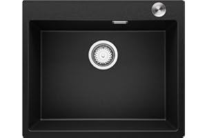 Lavello in Granito 59 x 50 cm, Lavandino Cucina 1 vasca + Sifone Pop-Up, Lavabo Cucina Incasso Oslo 60 XL di Primagran, Nero