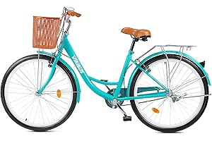 VIRIBUS Bicicleta de Paseo para Mujer 24 Pulgadas Bici Vintage Mujer con Marco de Acero al Carbono, Frenos Dobles en V Bicicleta de Ciudad Ajustable con Cesta y Estante