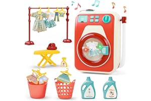 deAO Lavatrice Giocattolo per Bambini, Fai Finta di Giocare A Lavatrici con 4 Programmi, Cestello di Lavaggio Girevole, Luce e Suono, Macchina per la Pulizia Educativa Precoce per i Bambini (Rosso)