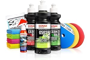 ‎SONAX SONAX PROFILINE Auto Politur Set: FS 05-04 + SP 06-02 + NP 03-06 + 3X Royal Pads AIR für 125mm Stützteller+ ChemicaWorkz Edgeless Soft Touch Premium Mikrofaser Poliertuch 500GSM | 7-teiliges Sparset
