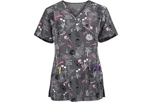 STPT Schlupfhemd Bluse Kurzarm V-Neck Kasack Damen Pflege mit Karikatur Motiv und Taschen Uniform Berufsbekleidung Krankenschwester Kleidung Schlupfkasack Uniformen
