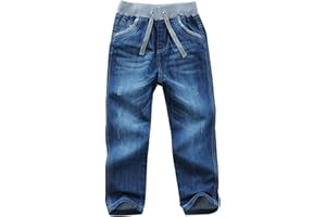 SellerFun Boys Kids Drawstring Elastic Mid Waist Washed Full Length Straight Trousers Denim Jeans