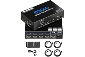 ROFAVEZCO USB3.0 HDMI KVM Switch 4 Port 4 In 1 Out 4K 60Hz 4 In 4 Out SPDIF 5.1 Audio Breakout - Mouse/Keyboard/Wireless USB for PC,Printer,Scanner,Windows,Linux, HDR HDMI Auto Switch 4x1,IR Remote KVM 4X1