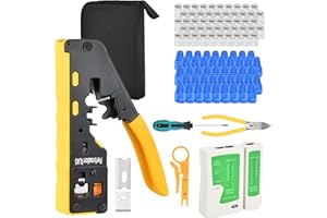 FOCENAT Crimpatrice RJ45, Pinza Crimpatrice RJ45 Pass Through Multifunzione Spelafili per Cavo Ethernet CAT7/CAT6A/CAT6/CAT5E/CAT5 con Tester per Cavi di Rete Connettori RJ45 Coperture, Strumenti Kit di Rete
