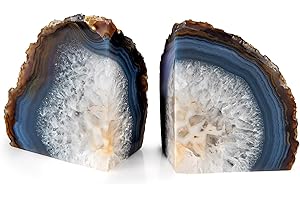 BRITISH FOSSILS Natural Agate Bookends – Polished Crystal Geode – Real Stone Slice Pair for Book Shelves & Desk Decor