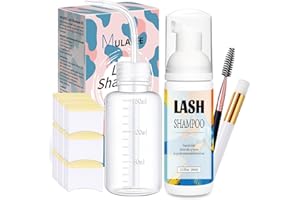 MULAFEE Eyelash Extension Cleanser, Lash Extension Shampoo Kit, Oils, Paraben & Sulfate Free Foaming 60 ML Eyelash Shampoo with Rinse Bottle and Soft Brush Safe for Salon Use and Home Care