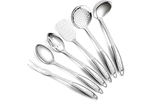 Berglander Set di utensili da cucina in acciaio inossidabile 6 pezzi, gadget da cucina includono set di spatole in metallo, schiumatoio, mestolo, cucchiaio da portata, schiumarola, forchetta