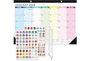 Benjia Calendrier De janvier 2024 à juillet 2025, 43x30cm grand calendrier mural mensuel de bureau avec couverture de protection en plastique, autocollants de planification, Coloré