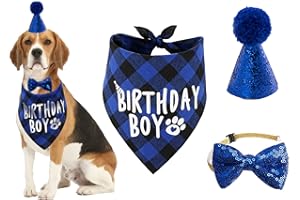 AIMICOCA Hunde Geburtstags Halstuch Set, Hunde Geburtstagsparty Zubehör Hunde Bandana Mütze Schals mit niedlichem Hunde Fliegenhalsband für Jungen und Mädchen Welpen (Blue- Birthday Boy)