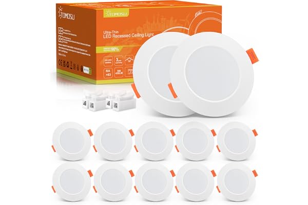 Tomosu LED infällda taklampor, kall vit, 6 000 K, 5 W, 450 LM, AC 220-240 V, Φ75-90 mm, 24 mm ultratunna nedlampor för tak, IP44 LED-downlights tak för badrum, icke-dimbar, 10-pack.