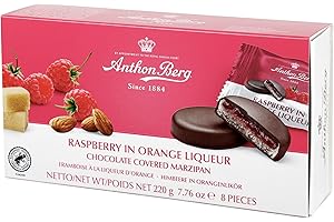 Anthon Berg Dark Chocolate Covered Marzipan Treats, Raspberry in Orange Liqueur, with a Delicious Jam of Fresh Fruits, 220 g Box (Pack of 1)