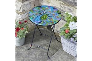 MARCO PAUL INTERIORS Marco Paul Table de bistrot ronde décorative d'extérieur avec plateau en verre de style classique avec cadre en métal robuste pour terrasse, terrasse, table à boissons, 56 cm (paon)