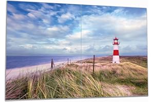 Wallario Herdabdeckplatte/Spritzschutz aus Glas, 2-teilig, 80x52cm mit 8 mm hohen Füßen, für Ceran- und Induktionsherde, Leuchtturm am Strand von Sylt