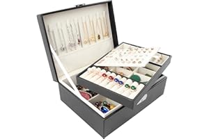 Homeanda Joyero de 2 capas, cajas de joyería de cuero para mujeres, niñas, adolescentes, organizador de joyas, caja de almacenamiento de joyas con cerradura (UG-negro)