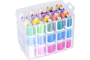 Simthread Kit de Fils à Broder – 63 Couleurs x 550 Yards, Fil Polyester Anti-Enchevêtrement avec Boîte de Rangement Empilable, Canettes, Outils – Compatible avec Brother, Janome, Babylock et Plus