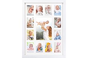 FramePro Baby's First Year Collage Frame in White, Displays One 5x7 Photo and Twelve 2.5x3.5 Pictures, 17.1" H x 13.1" W