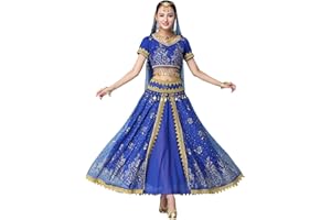 OTMYIGO Bollywood Kleid Erwachsene Kostüm Frauen Indischer Tanz Set Bauchtanz Sari Kleidung Tanz Performance Kleidung Chiffon Rock Set