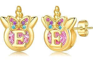 TINGN Christmas Gifts for Girls - Unicorn Earrings for Kids,Hypoallergenic S925 Sterling Silver Post Initial Earrings 14K Gold Plated Pink CZ Unicorn Stud Earring Christmas Gifts for Kids Girls