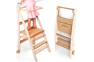 ‎GOODEVAS Wooden Montessori Learning Tower Space-Saving: Foldable Learning Tower, Stool for Children, Foldable Kids' Step Stool, Learning Tower with 2-Level Height Adjustable & Anti-Tip Protection