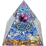 Mlysnd Orgon Pyramide, Kristall Orgonit Pyramide, Harzpyramide mit Kristallintarsien, Amethystkugel und Kapuzinerkresse, Tisc
