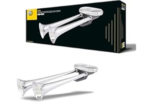 ‎HELLA HELLA Drucklufthorn - LKW Hupe - Fanfare - CA34-24V - 115dB(A) - 300Hz-350Hz - Tiefton/Hochton - elektrisch - ECE - Rohrstutzen - Stecker: Flachstecker - 3PB 005 411-001