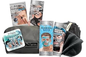 7th Heaven Men’s Skin Essentials Gift Set – 3 Face Masks with Charcoal & Dead Sea Salt + T-Zone Pore Strips, Black Wash Bag, Exfoliating Body Puff & Face Cloth – Deep Cleansing Skincare Gift for Him