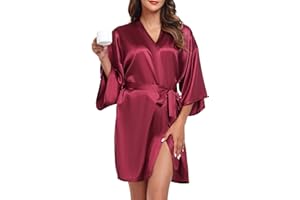 Wikoan Peignoir de Bain Femme Satin Robe de Chambre Peignoir Kimono Nuit Manches 3/4 Court Sortie de Bain Femme Robe Bride