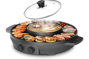 ENFRIFAM Hot Pot und Grill Elektrischer Hotpot topf 2000W Elektrogrill 2 in 1 Electric Hot Pot mit unabhängiger Temperaturregelung, Korean BBQ Grill Thai Barbecue Fondue Raclette XXL für 2-8 Personen