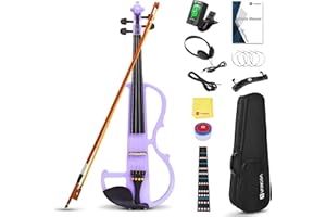 Vangoa 4/4 Elektrische Violine Stille Geige aus Massivem Holz mit Tragetasche, Kabel, Schulterstütze, und Bogen, Violett