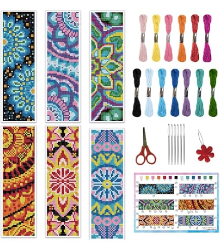 Kit Broderie Point De Croix 6 Marque-Pages - Motifs Roses Et Chats - Complet Avec Fil, Tissu, Aiguilles - DIY Pour Adultes