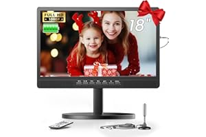 Desobry TV portátil de 18 Pulgadas con Antena, Mini televisión LCD con sintonizador DVB/T2, 12V TV Recargable 6000mAh con Soporte Redondo para Camping al Aire Libre, Dormitorio, Cocina