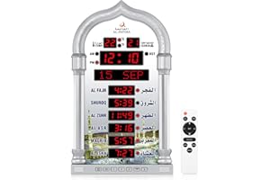 Al salama Azan Clock, Muslim Automatic Worldwide Prayer Clock/Wall Clock, Digital 8 Azan Prayer Clock Sounds (Silver)