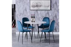 GOLDFAN Tavolo da pranzo con 4 sedie in marmo in vetro bianco e velluto sedia Tavolo rotondo in vetro per soggiorno cucina, blu