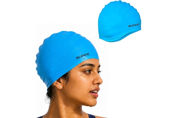 Slovic Swimming Cap for Men & Women Light Blue Swimming Caps for Women with Long Hair Swimming Accessories for Men & Women Unisex & Waterproof Silicon Cap to Prevent Chemical Damage Free Size