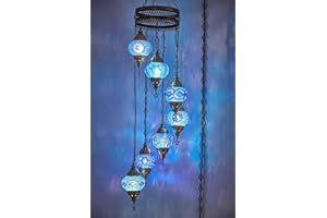 DEMMEX Lampe à brancher, plafonnier suspendu en mosaïque colorée turque marocaine, luminaire suspendu, lustre avec cordon de 4,5 m et prise UE, 7 teintes, aucun câblage requis, pend 130 cm