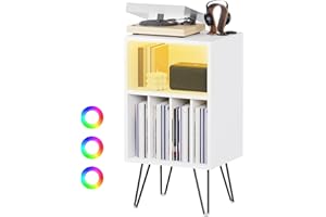 Rebonique Record Player Stand with LED Record Storage Cabinet, Vinyl Player Turntable Stand, End Table for Record Player Unit, Vinyl Record Storage for Living Room, Bedroom (White)