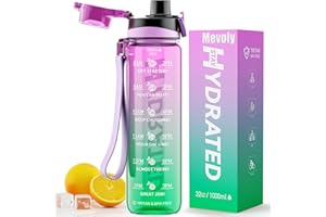 Mevoly Botella Agua, 1 Litro Botella Agua Gimnasio sin BPA con Marcador de Tiempo, Plastico Botella de Agua Deportiva Motivacional, Cantimplora 1L para Gym, Colegio, Bicicleta