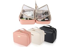 HERYEBING Kosmetyczka podróżna o dużej pojemności, wodoodporna kosmetyczka ze skóry PU, damska przenośna podróżna torba do makijażu z uchwytem i przegrodą, płaska torba do makijażu, różowy, Elegancki