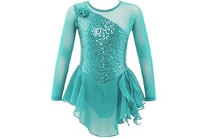 dPois Robe de Patinage Artistique Enfant Fille Robe de Danse Classique Manches Longues Paillettes Brillants Justaucorps Gymnastique Gym Ballet 4-14 Ans