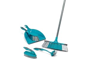 ‎BELDRAY Beldray 5-teiliges Kehrschaufel Set, Reinigungsset, Besen mit weichen Borsten, Kehrschaufel, Bürste, Schrubber und Spülbürste, Reinigungsutensilien, Frühjahrsputzset, Kehren, weiche Griffe, türkis