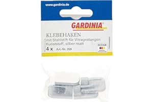 GARDINIA Klebehaken für Vitragestangen, 4 Stück, Mit Stahlstift, Selbstklebend, Höhe: 11 mm, Silber-matt