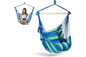 KOMFOTTEU Fauteuil suspendu avec 2 coussins, charge jusqu'à 160 kg pour adultes et enfants, chaise suspendue pour intérieur et extérieur, chaise hamac de jardin avec confort supérieur, bleu