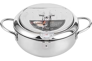 JENNGAOO Stainless Steel Deep Frying Pot, Japanese Style Fryer Pot, Mini Deep Fry Pan with Thermometer & Oil Drip Drainer Rack(L 24cm / 9.4in)