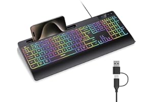 Seenda KOE200 Wired RGB Backlit Keyboard Quiet with Phone Holder and Palm Support for Windows and Mac OS Systems, 2-in-1 USB and Type C Connector for PC Laptop Computer MacBook iMac, Black