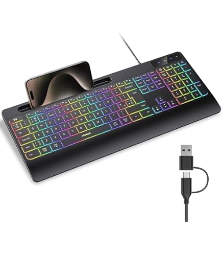 Computer Keyboard Wired,7-Color Rainbow LED Backlit, Quiet Light