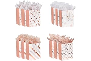 DIMETEY 12 Pack 9" Gift Bags Medium Size with Tissue Paper, 4 Design Rose Gold Paper Gift Bags with Handles for Party Wedding Baby Shower Holiday Presents Small Business